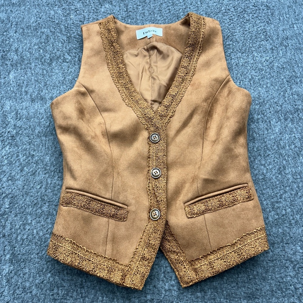 Boho Vest Faux Suede Lace Trim Brown Western Cowgirl Cottagecore Small Festival